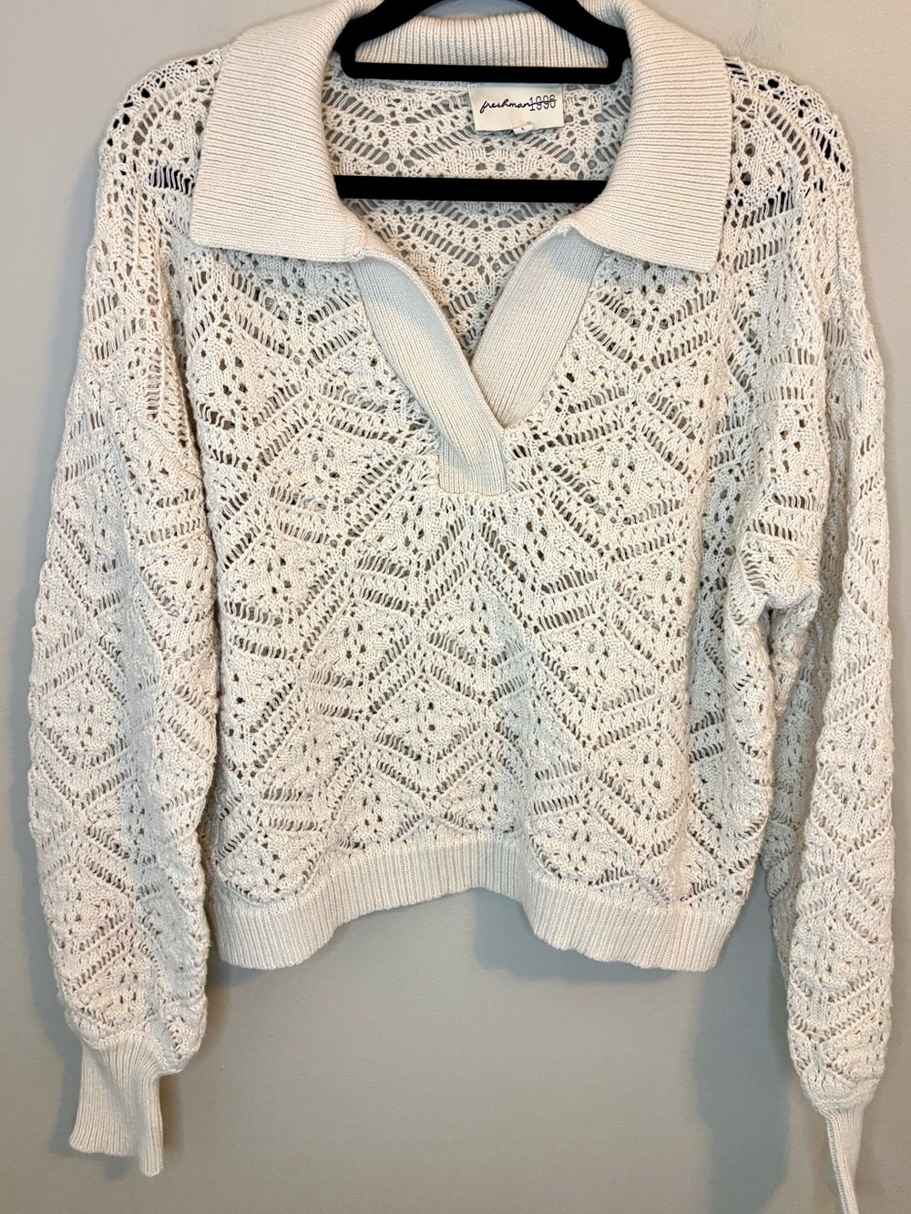 Freshman 1996 Cream Crochet Knit Collared Sweater Size Large
